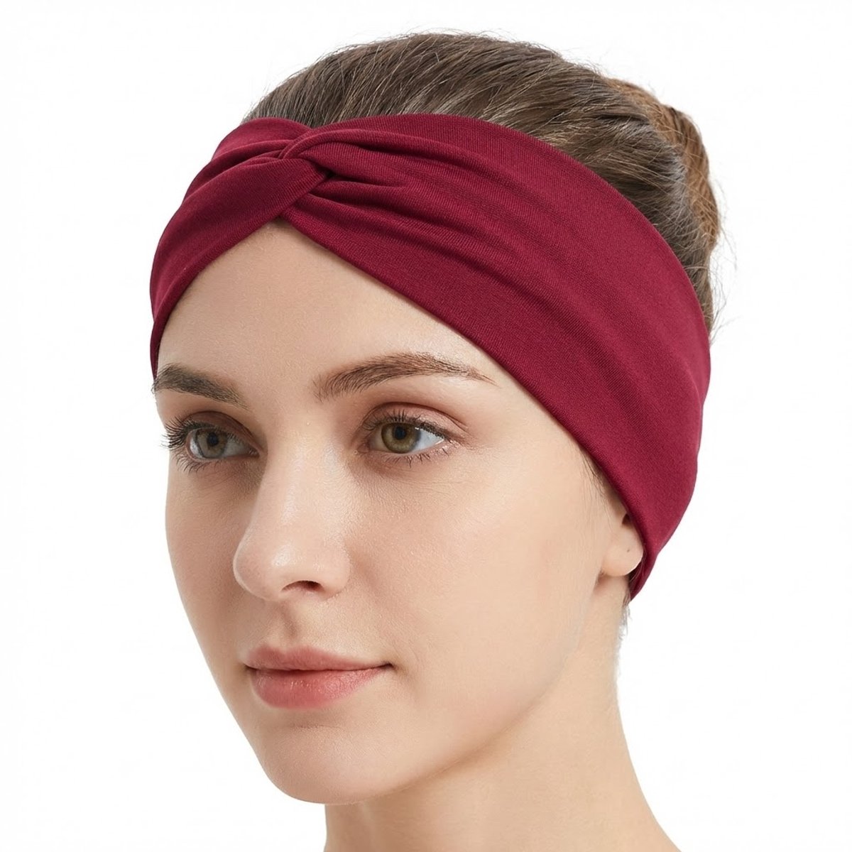 Wijnrode elastische haarband met twistknoop voor dames – brede rekbare hoofdband – stijlvol en comfortabel haaraccessoire