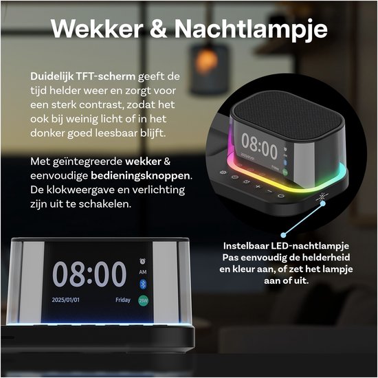 Wekker & nachtlampje met helder TFT-scherm, weergave 08:00, instelbare LED-kleur en helderheid, en bedieningsknoppen.