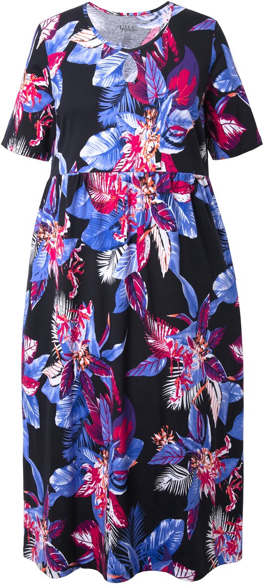 Ulla Popken Dames - Maxi-jurk bloemen A-lijn ronde hals korte mouwen - Zwart - Maat 42+