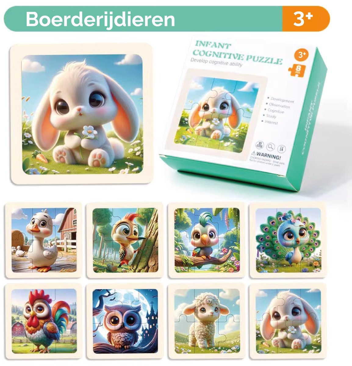 Femur - Houten Puzzeltjes - Boerderij - Dieren - Set 8 Stuks - Reiseditie