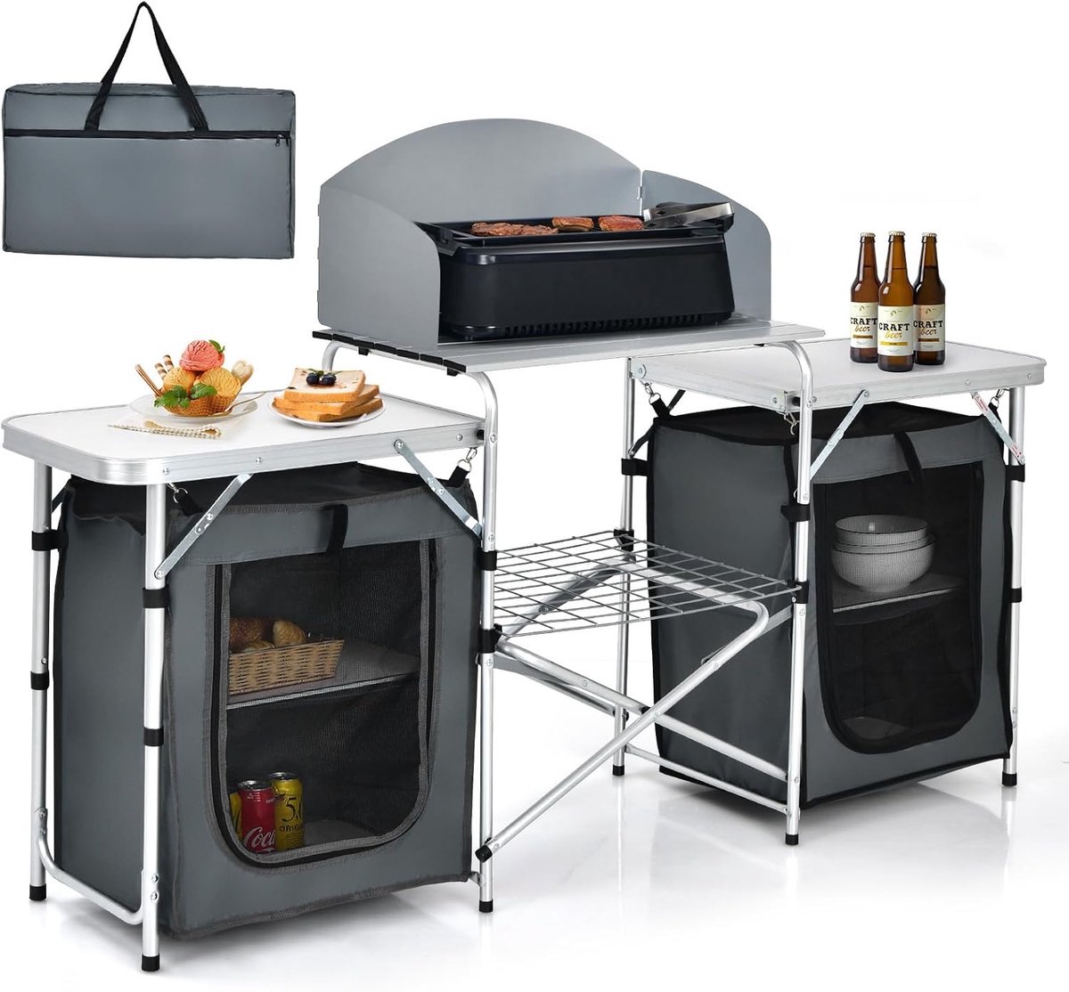 KOMFOTTEU Inklapbare camping- en picknicktafel van aluminium, inklapbare tafel voor buiten met 4 vakken, 2 zijzakken, windbescherming en draagtas, tuintafel, grijs