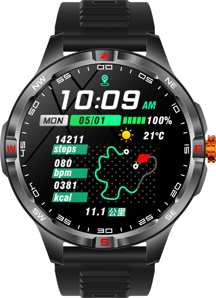 Knobbout 1.46” Scherm Sport Smartwatch met Extra Lange Batterijduur – 1000mAh - LED-zaklamp & kompas - AI Spraakassistent - Bluetooth Bellen - 100+ Sportmodi, IP68 Waterdicht -Zwart Silicone