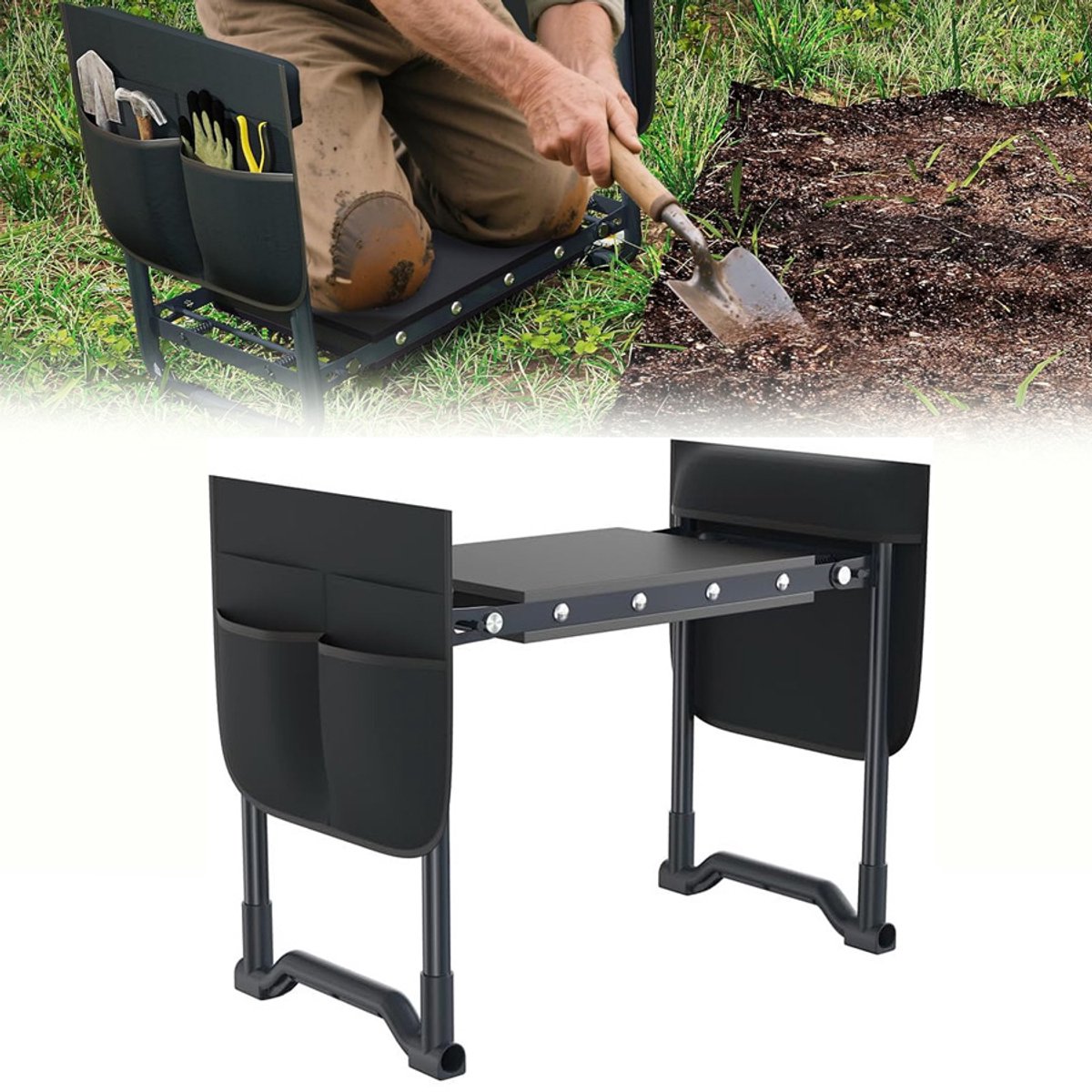 Aufun 2-In-1 Opvouwbare Tuinkruk - Afmetingen 60 X 50 X 28 Cm - Zwart - Draagvermogen 150 Kg - Eva-Schuimrubberen Voering - Opvouwbaar Ontwerp - Inclusief 2 Gereedschapszakken - Geschikt Voor Tuinklusjes, Voor Gebruik Binnen En Buiten