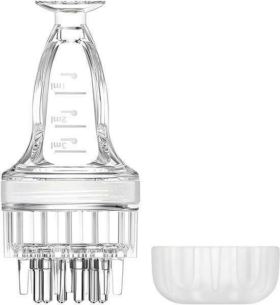 Transparante vloeistofapplicator met schaalverdeling (1-3ml) en 7 rollers, met een wit kommetje.