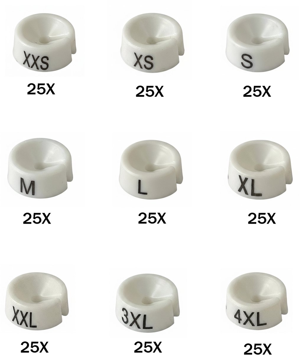 Maatdopjes Kledinghanger Wit – Maataanduiders / Mark-brics MB-1 / Wizersizers – XXS t/m XXXXL – 225 Stuks