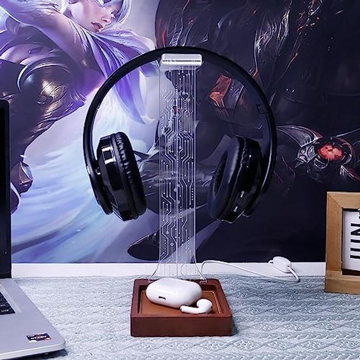 Hoofdtelefoonstandaard met Lade en LED-nachtlampje voor Gamers en Muziekliefhebbers - Perfect Cadeau voor het Bureau