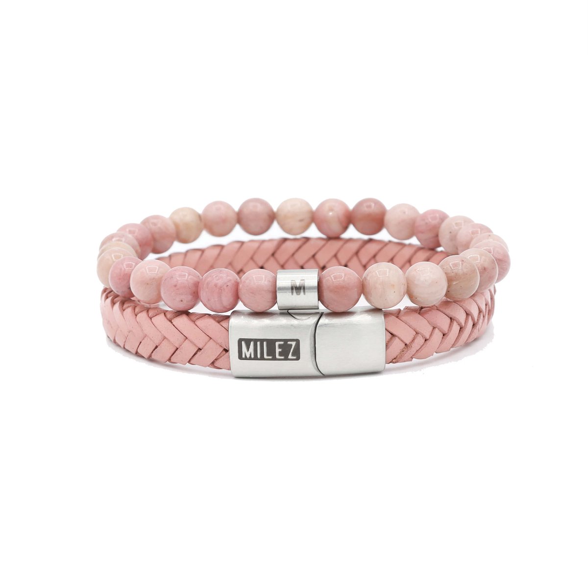 Milez - Armband set dames - armband dames leer kralen - Roze-Zilver - Maat L