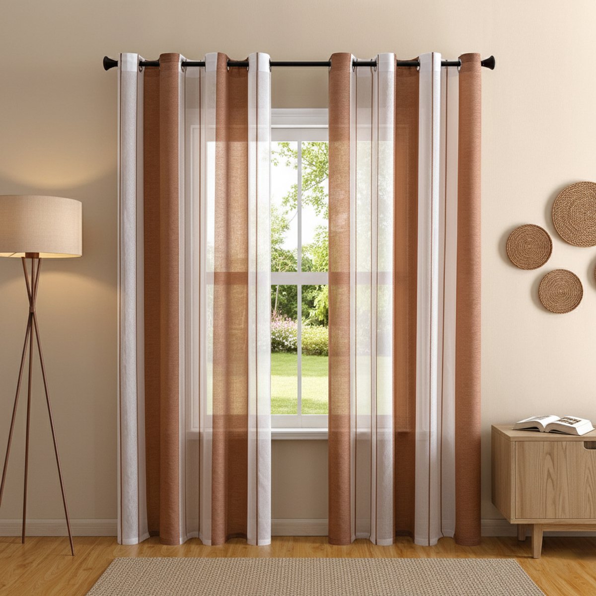 Qelus Set van 2 Vitrages met Ringen - Gestreept Linnenlook Voile Gordijn - Transparant & Luxe - Voor Woonkamer - Voilage à Rayures Oeillets - B140xH225cm