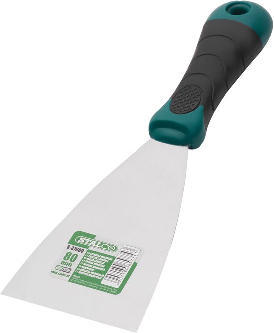 Verfspatel van Stalco met een breedte van 80mm. Het handvat is zwart met groene accenten.