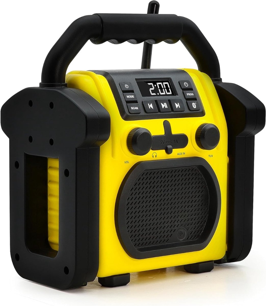 Aura® Krachtige Bouwradio – Noodradio SOS-Alarm - Noodradio Solar Opwindbaar – met Zaklamp - Radio op Batterijen + Zonnepaneel + USB + Opwindbare Radio- Bouwradio Dab - Geel - 20cm x 12cm x 23cm