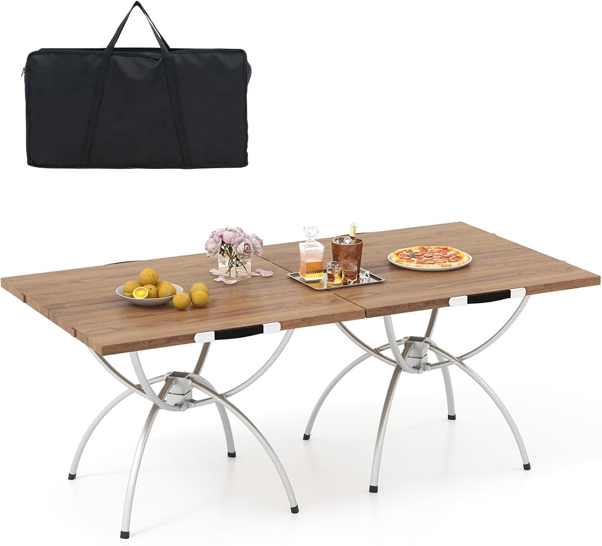 KOMFOTTEU 2-in-1 campingtafel, uittrekbaar, klaptafel, aansluitbare picknicktafel van aluminium frame en hout, tuintafel, reistafel, 120 x 60 cm, incl. draagtas