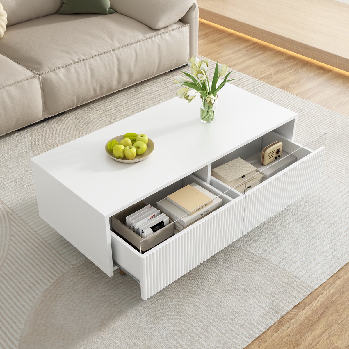 OKWISH Salontafel – Met 7 Kleurige LED Verlichting – Woonkamer – MDF Wit Met Goud Wit Houten Poten – 110×50×40 Cm