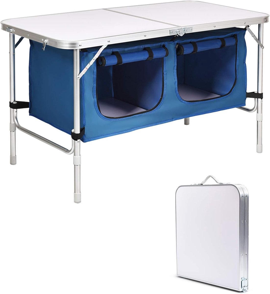 KOMFOTTEU Campingtafel, inklapbaar, in hoogte verstelbaar in 53,5 cm/71 cm, picknicktafel van aluminium met vakken van 120 l, buitentafels, 120 x 61 cm, voor barbecue, feest