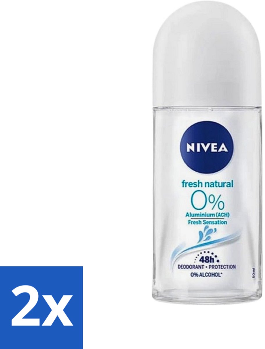2 x Nivea - Roll-On - Alu Free - Fresh Natural - 0% Aluminum - 50 ml - Aluminiumvrije Deodorant - Natuurlijke Frisheid - Huidvriendelijke Deodorant - 0% Aluminium - Deodorant Voor Gevoelige Huid