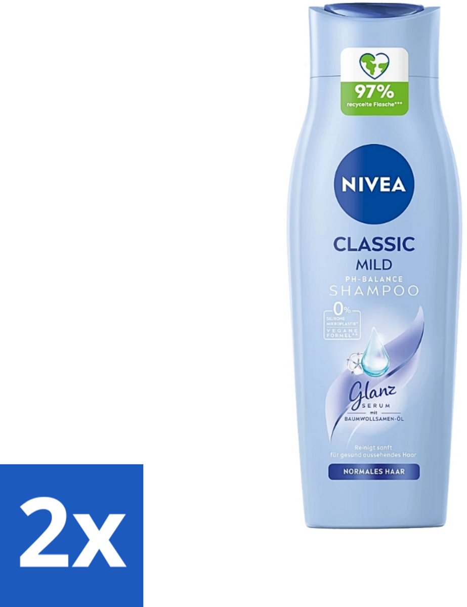 2 x Nivea - Classic Mild Care Shampoo - Voor Extra Glans - 250 ml - Extra Glans - Haar Verzorging - Katoenzaadolie - Mild Shampoo - Gezond Haar