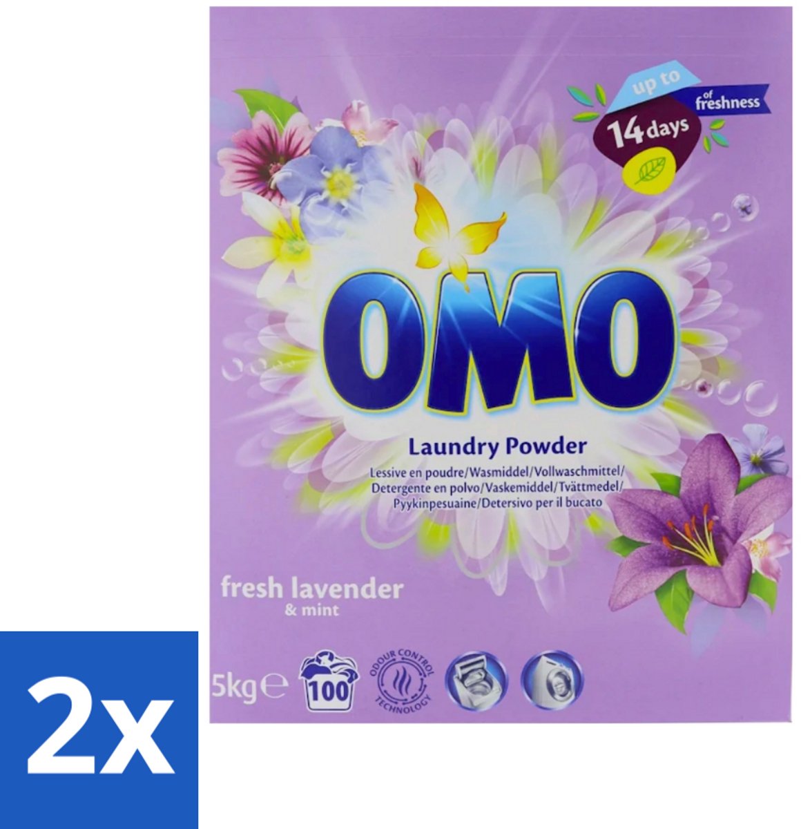 2 x Omo - Waspoeder - Lavendel & Mint - 5 kg - 100 Wasbeurten - Wasmiddel - Waspoeder - Lavendel En Mint - Wasbeurt - Wasgoed