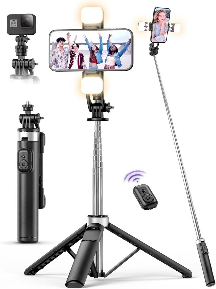 Famanu – Selfiestick met telefoonstatief en dubbele ledverlichting, all-in-one uitschuifbaar statief met afneembare afstandsbediening, geschikt voor smartphone en smartphones
