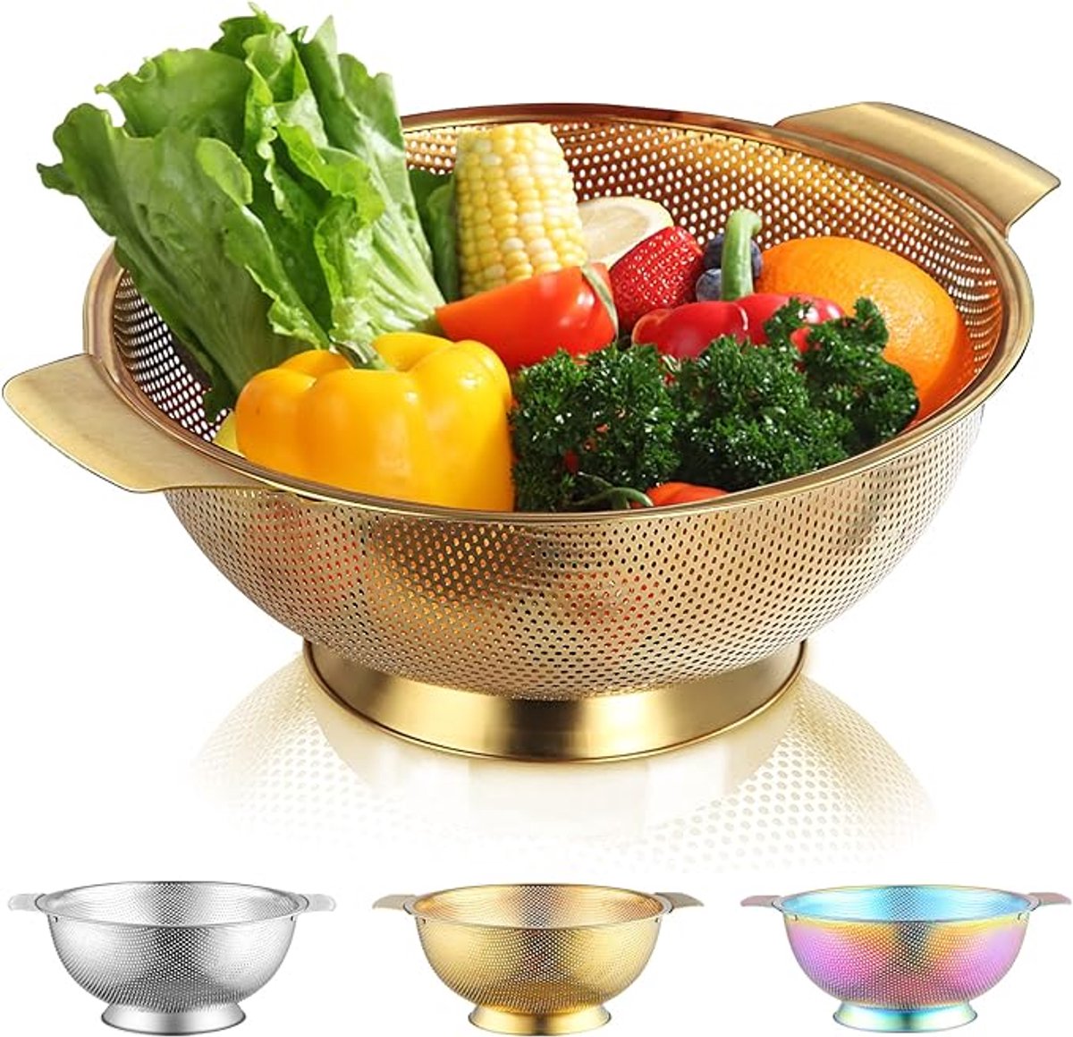Gold Strainer 28,5 cm – RVS Vergiet met Titanium Goud Coating, Stevige Handgrepen - Zelf-Drainerende Ring