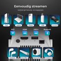 Verbind Ps5, laptop, telefoon, USB, Chromecast, oordopjes, soundbar, subwoofer, hoofdtelefoon met de Lumenix beamer via WiFi, HDMI, USB A, Bluetooth.