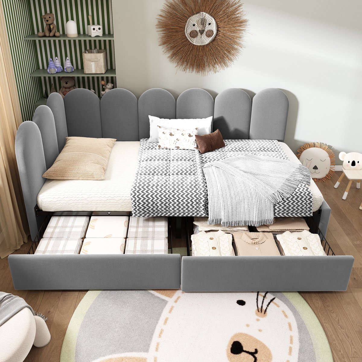 Merax Slaapbank 90x200 cm - eenpersoonsbed met bedbodem - kinderbed met lade-opbergvakken - grijs - zonder matras
