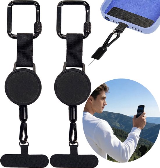 Smartphone Veiligheidskoord - 2 stuks - Uittrekbaar Veiligheidskoord - Telefoon Lanyard Anti-Diefstal - Snijvast Stalen Veiligheidskabel - Telefoonriem met Karabijnhaak - Intrekbare Broekclip Karabijnhaak Sleutelkoord - Telefoonkoord voor Wintersport