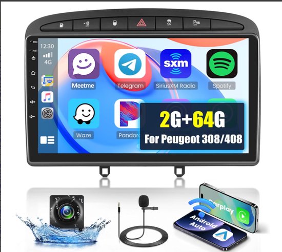 Autoradio-4G+64G autoradio voor Peugeot 308 2007-2015 met CarPlay, Android Auto, GPS-navigatie, Android 13 radio, 2-DIN met 9-inch touchscreen, Bluetooth, wifi, FM-radio, SWC, Mirror Link + achteruitrijcamera