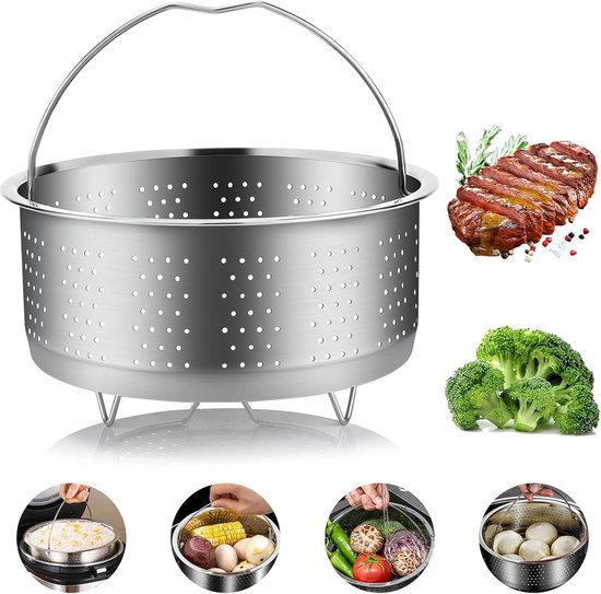 Roestvrijstalen stoommandje met een grillstuk, broccoli en 4 kleinere afbeeldingen van stoomtoepassingen.