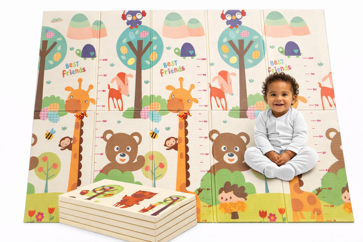 Speelmat Baby, Peuter & Kind 150x200 cm – Extra Dik Speelkleed – Voor Binnen & Buiten – Foam Kruipmat – Dubbelzijdig Opvouwbaar – Inclusief Opbergtas – Zacht & Veilig - Opvouwbare speelmat dierenwereld & giraffen - baby cadeau - kraamcadeau
