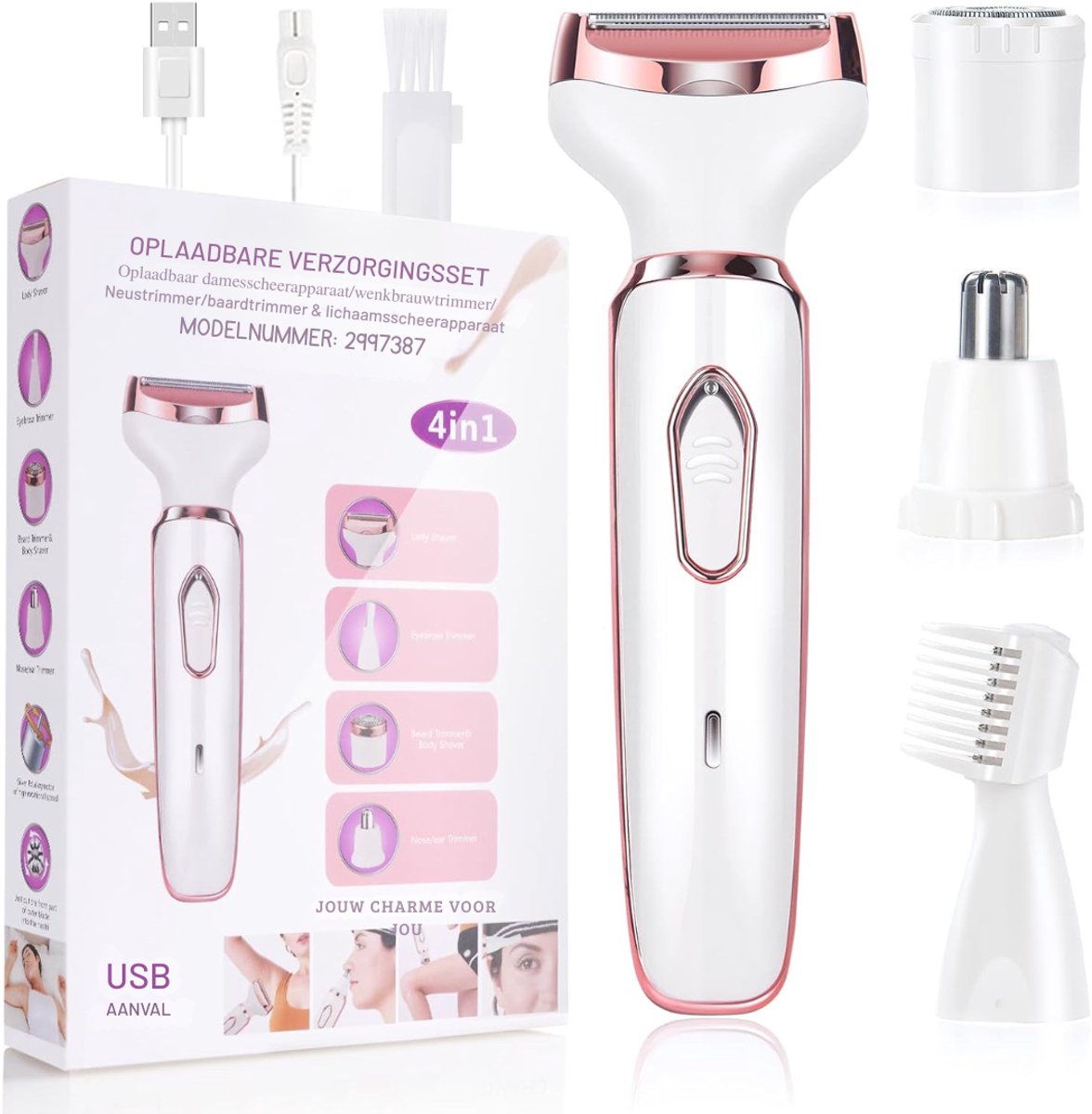 Aura® Wenkbrauw Trimmer – Ontharingsapparaat 4-in-1 – Ladyshave Waterbestendig – Wit/Roze - 20cm x 14cm x 4cm