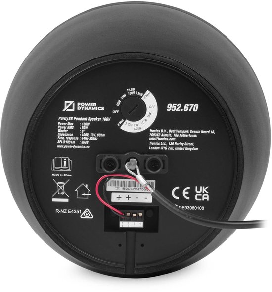Power Dynamics Purity8B - Premium 2-weg hangluidspreker - Pendel speaker 100V - 8 Inch - Zwart — afbeelding 3