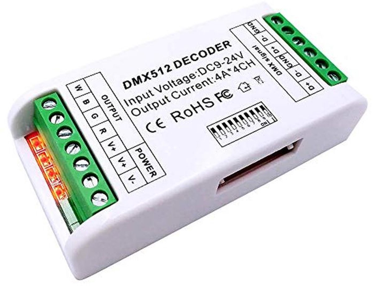 Mini RGBW 4-kanaals DMX Decoder voor LED-Strips - 16A Dimmer en Driver