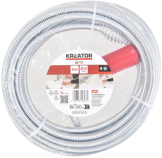 Grijze geribbelde ontstopper van 5 meter met een rode handgreep. Merk KREATOR, model KRTH50302, 5m Ø10mm.