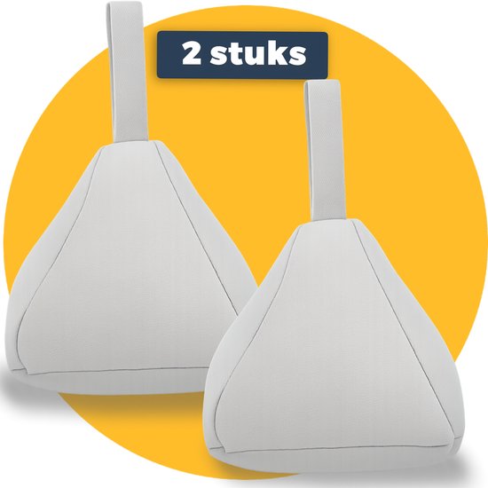 Twee grijze deur Stoppers van Pasper met een lus, gevuld met zand. Deurstoppers voor binnen en buiten.
