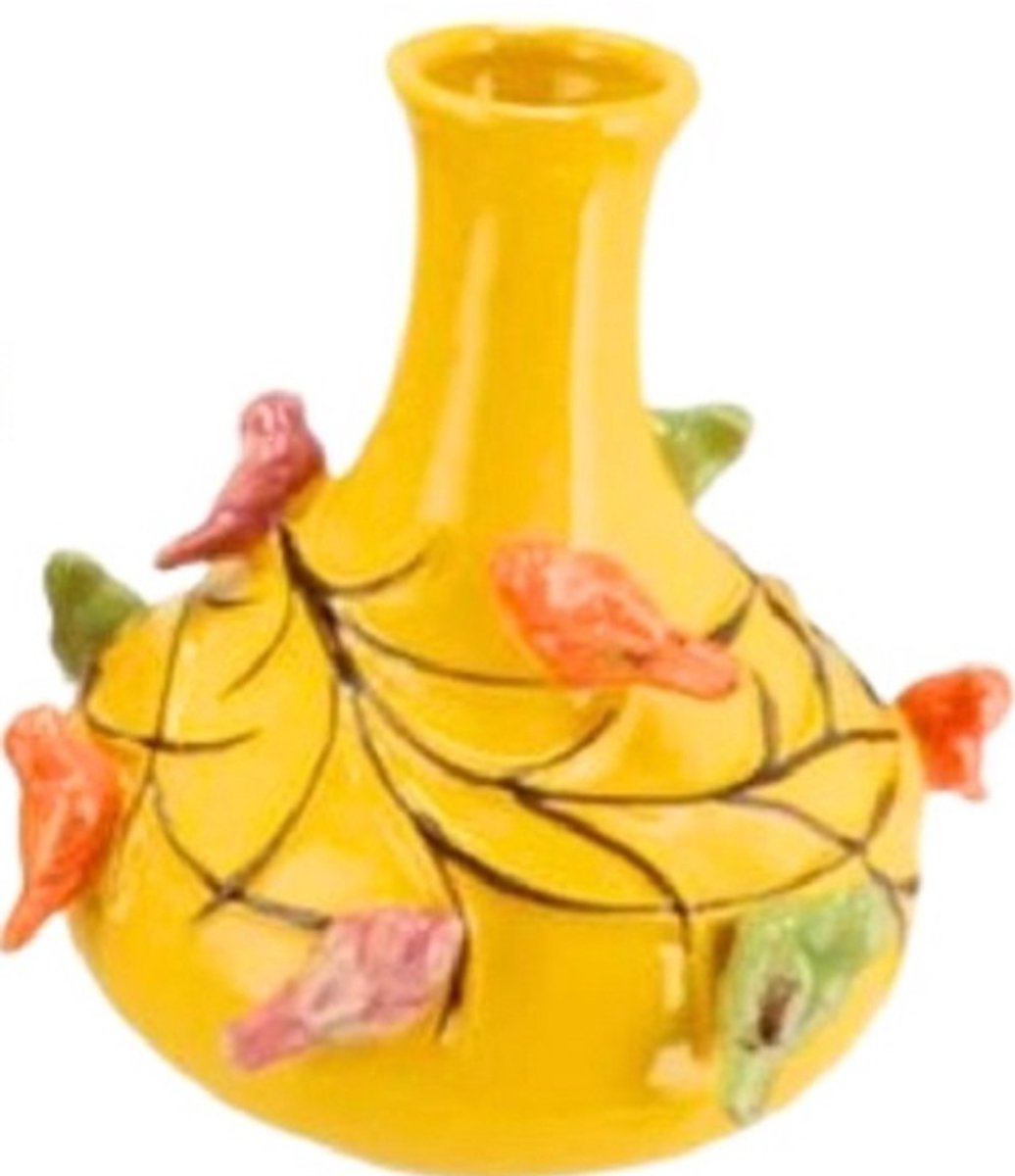 Daankromhout - vogelvaas - geel - klein - opening Ø 4 cm - Vaas hoogte 19 cm - Ø 16 cm - aardewerk - geel - voorjaar