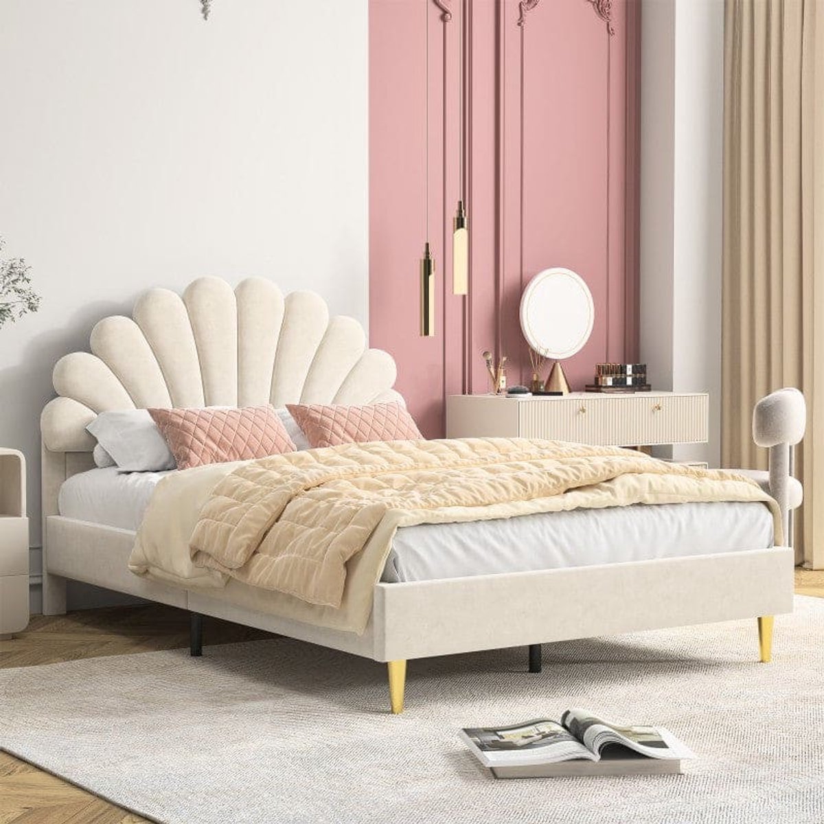 Tweepersoonsbed – Bed – Slaapbank – Boxspring – Bedframe – Velvet Beige – 140x200 cm – Stevig Houten Frame met Lattenbodem