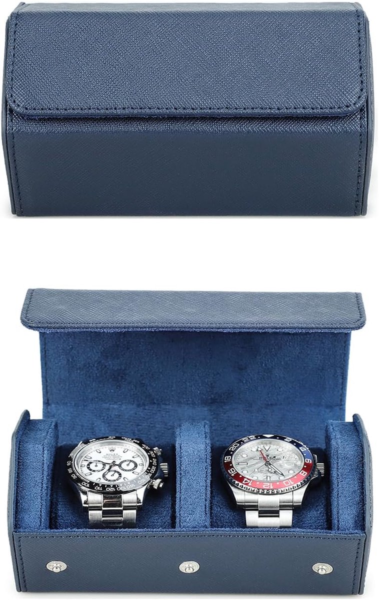 Hexagonal Watch Case - Genuine Leather Box voor 2 Watches - Travel Box - Watches - Storage Box - Protective Wrist Watch Organiser - Blauw