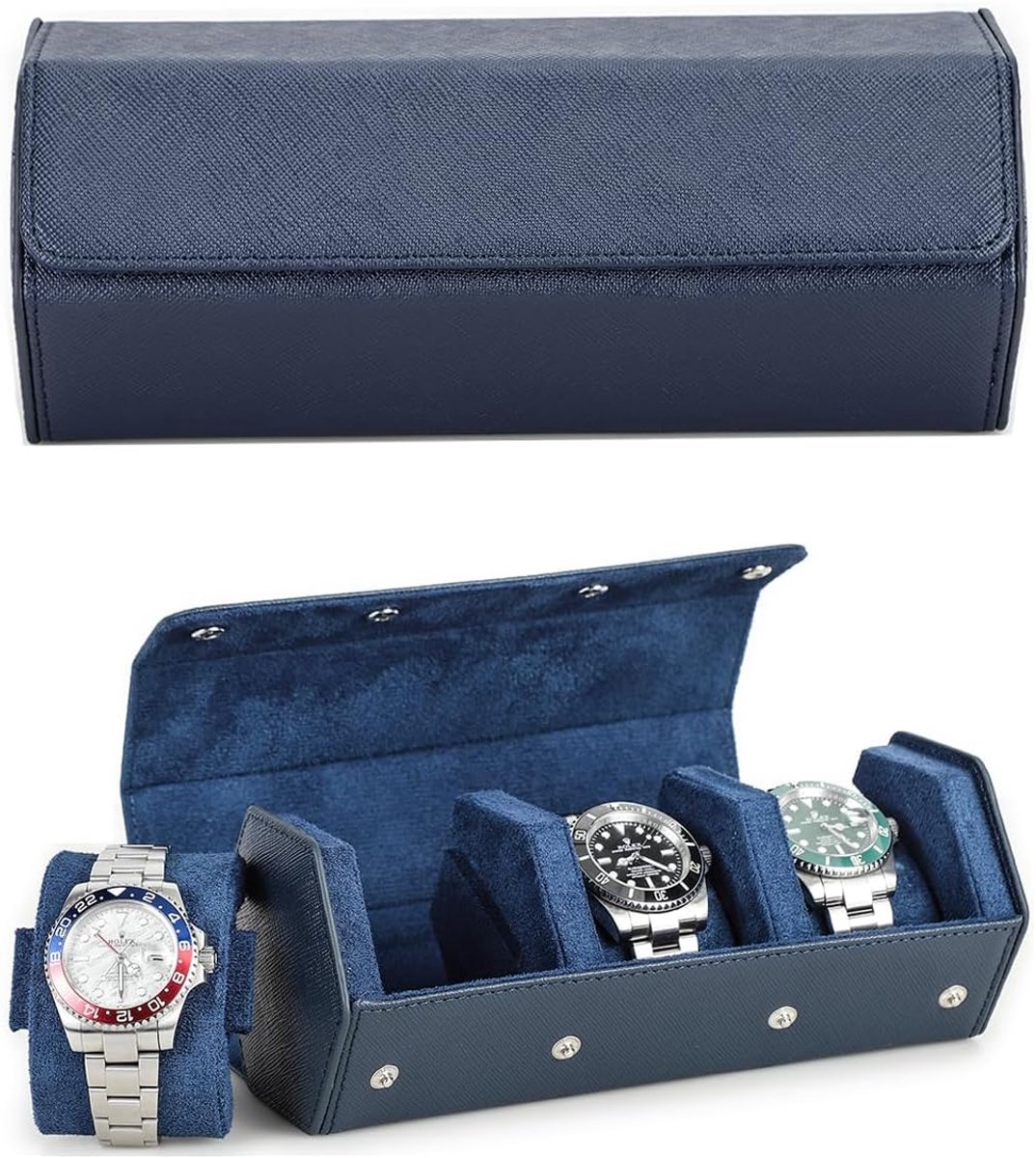 Genuine Leather Watch Case - Hexagonal Watch Box voor 3 Horloges - Travel Protective Storage Box voor Horloges - Blauw