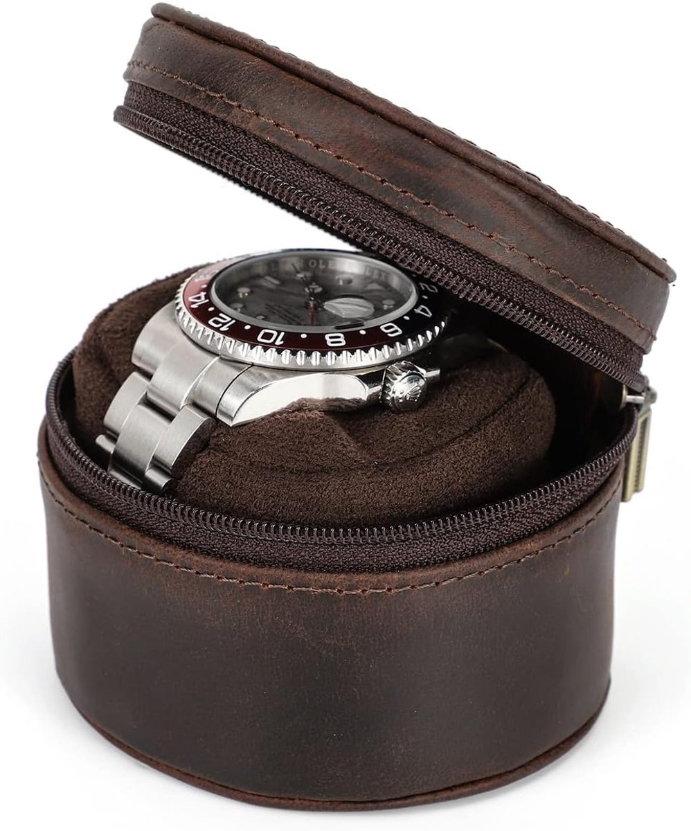 Single Watch Case - Leer - Cilinder - Horloge Reiskoffer voor Mechanische Horloges - Draagbare Opbergdoos voor Mannen