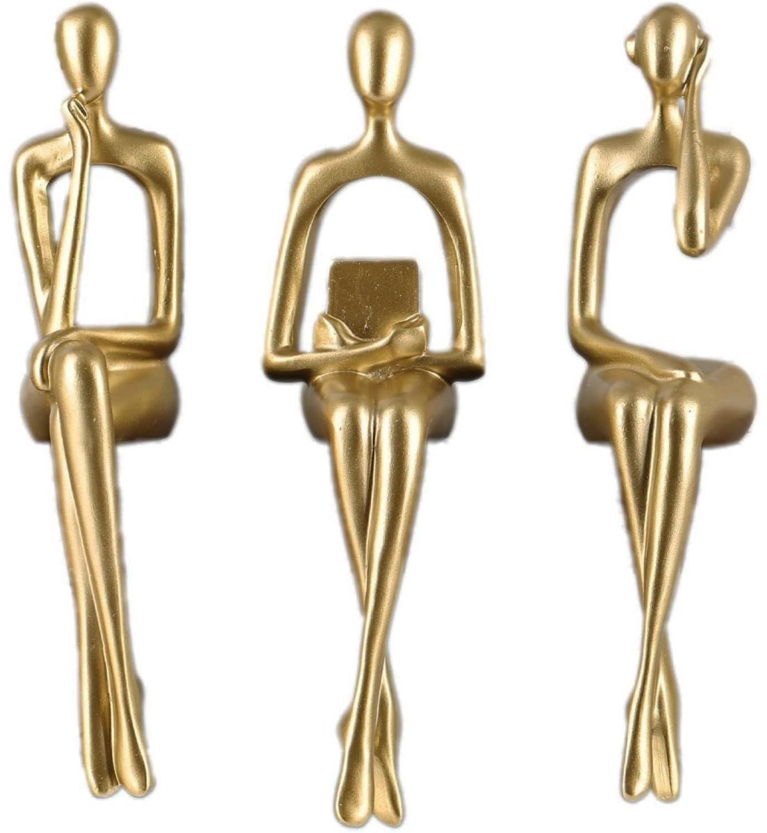 longziming -Abstracte Zitfiguren-set - 3-Delige Decoratieve Zitfiguren - Denken Lezen Luisteren Naar Muziek - Hoogwaardig Mat Hars - Goudkleurig, Handgemaakt, Matte Afwerking - 3 Stuks