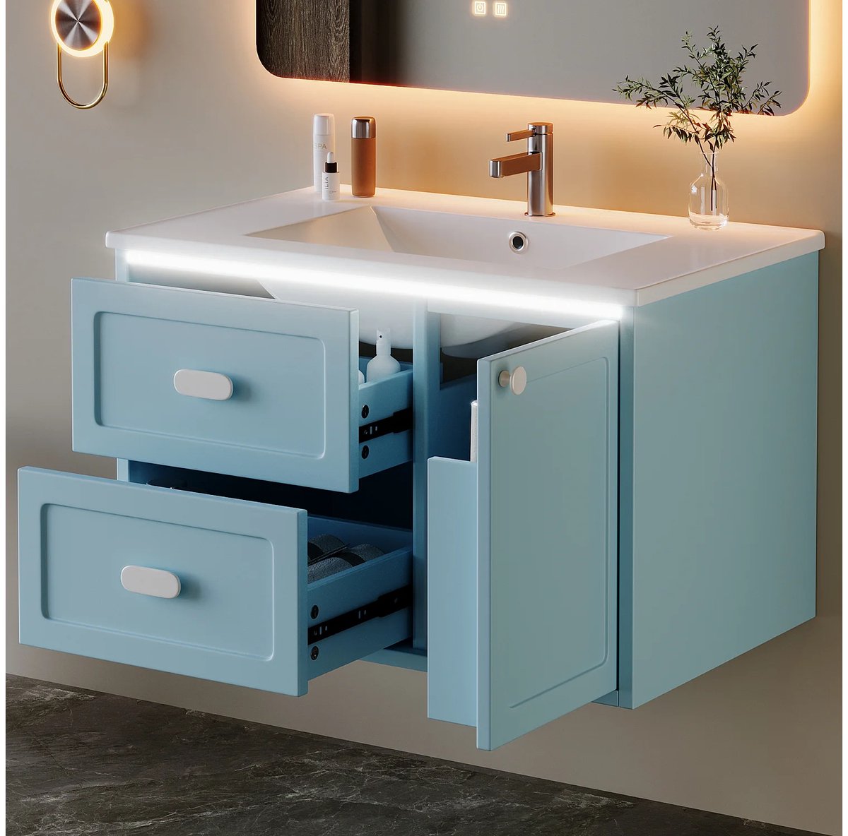 Hangend Badkamermeubel 76x46x51 cm – Moderne Blauw Keramische Wastafelmeubel met 2 Lades, 1 Deur, LED-Verlichting en Bewegingssensor – Luxe Badkamerkast – ABKantoor