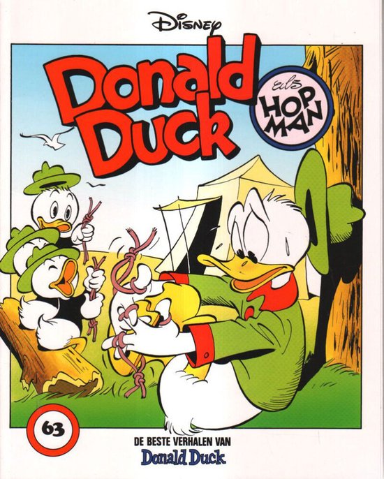 Donald Duck als Hopman, met Kwik, Kwek en Kwak in de weer met touwen. Donald draagt een groene jas.