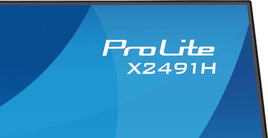 Close-up van de monitor met iiyama en ProLite X2491H logo.