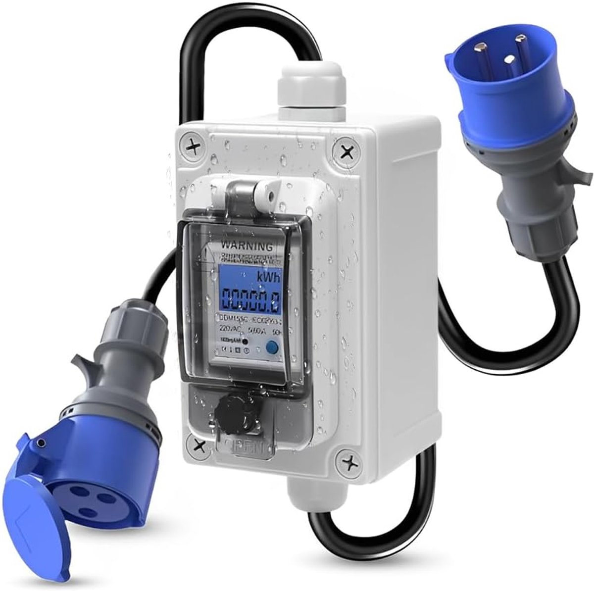 Mobiele digitale stroommeter 230 V 16 A, waterdicht IP67, geschikt voor buitengebruik, met rubberen slangkabel, voor campers en elektrische voertuigen