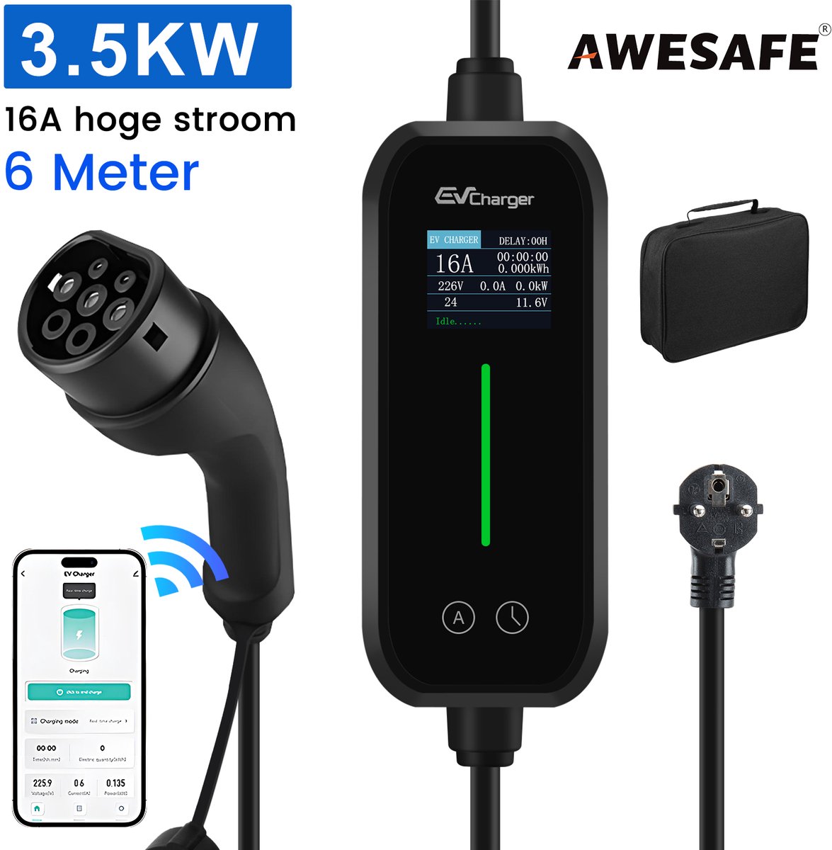 Awesafe Laadkabel Auto - Mobiele Thuislader EV-Lader Type 2 - 3.5 kW 16A Draagbare Charger - Waterdicht - 6M - 6A/8A/10A/13A/16A Schakelbaar - Geschikt Voor Elektrische Auto - Met transporttas - Zwart
