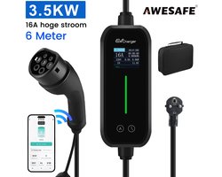 Awesafe Laadkabel Auto - Mobiele Thuislader EV-Lader Type 2 - 3.5 kW 16A Draagbare Charger - Waterdicht - 6M - 6A/8A/10A/13A/16A Schakelbaar - Geschikt Voor Elektrische Auto - Met transporttas - Zwart