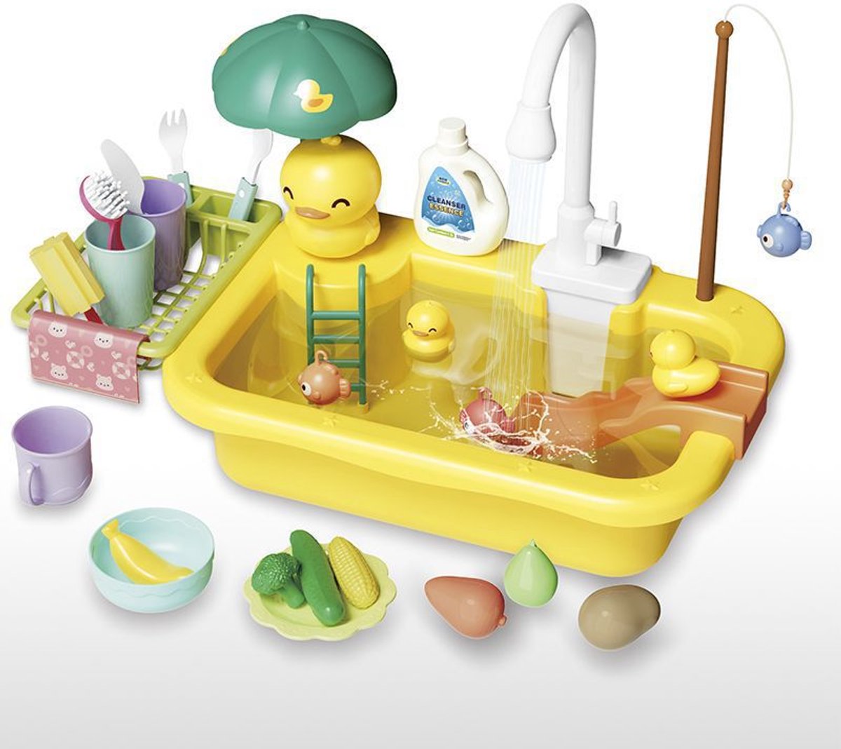 Speelgootsteen - met stromend water - Keukenspeelgoed met kraan - Speeleten en keukenaccessoires - Drijvend visspeelgoed voor peuters, fantasiespel afwasmachine voor kinderen - geel