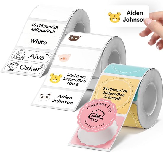 Rollen met etiketten van 40x15mm met 'Aiden Johnson', en ronde etiketten van 34x34mm met 'Gateaux Lily'.