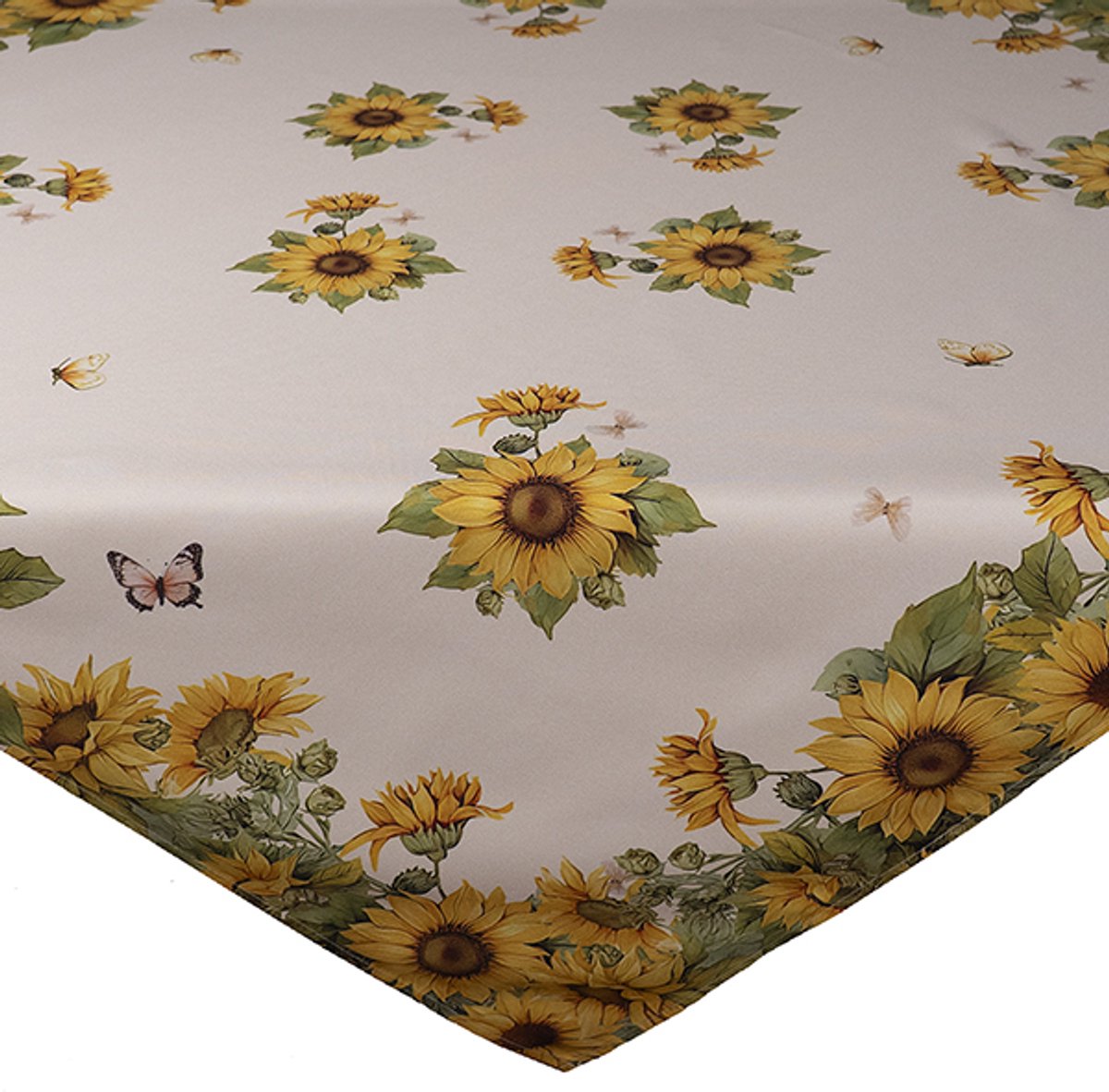 Tafelkleed - Bedrukt - Zonnebloemen - Vlinders - Lente - Creme achtergrond - 110 x 110 cm