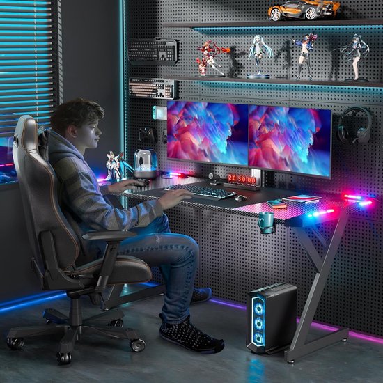 LED Gamingbureau 160 × 60 cm met Koolstofvezel Blad, Ergonomisch met Bekerhouder en Hoofdtelefoonhaak - Zwart — afbeelding 2