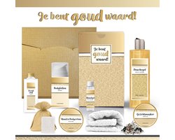 Geschenkset “Je bent goud waard!” - 8 producten - 800 gram | Cadeau Vrouw - Wellness Pakket Vrouw - Giftset Vriendin - Moeder - Cadeaupakket Collega - Cadeau Zus - Verjaardag Oma - Moederdag - Kerstpakket - Kerst Cadeau - Goud